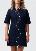 Say the Label Wave Denim Dress with signature wavy placket and mother-of-pearl buttons, front view