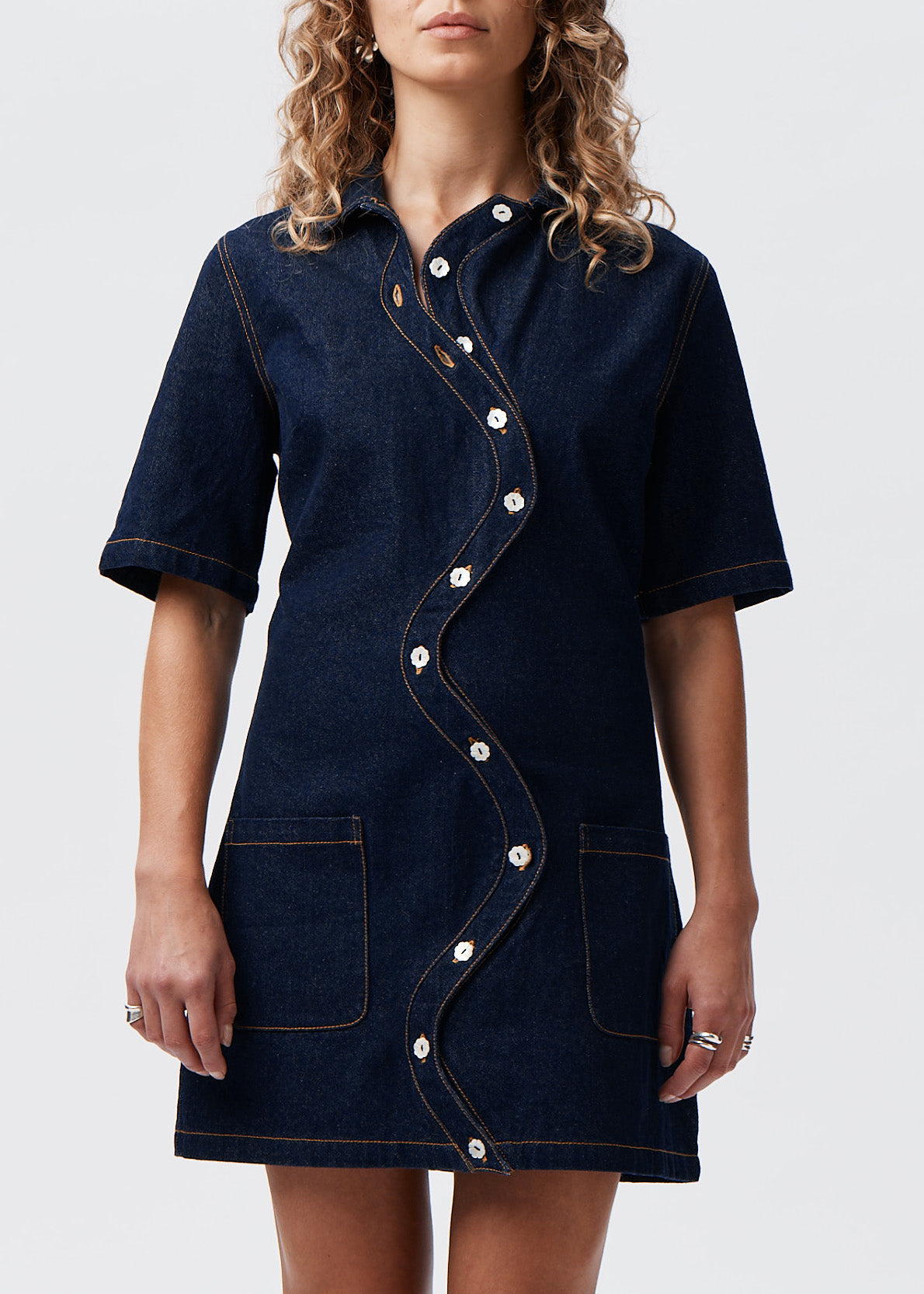 Say the Label Wave Denim Dress with signature wavy placket and mother-of-pearl buttons, front view