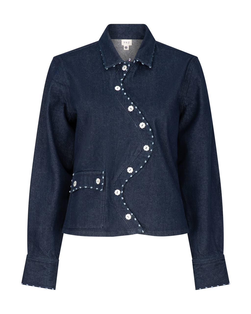 Say the Label Wave Denim Jacket with signature wavy placket and mother-of-pearl buttons, front view