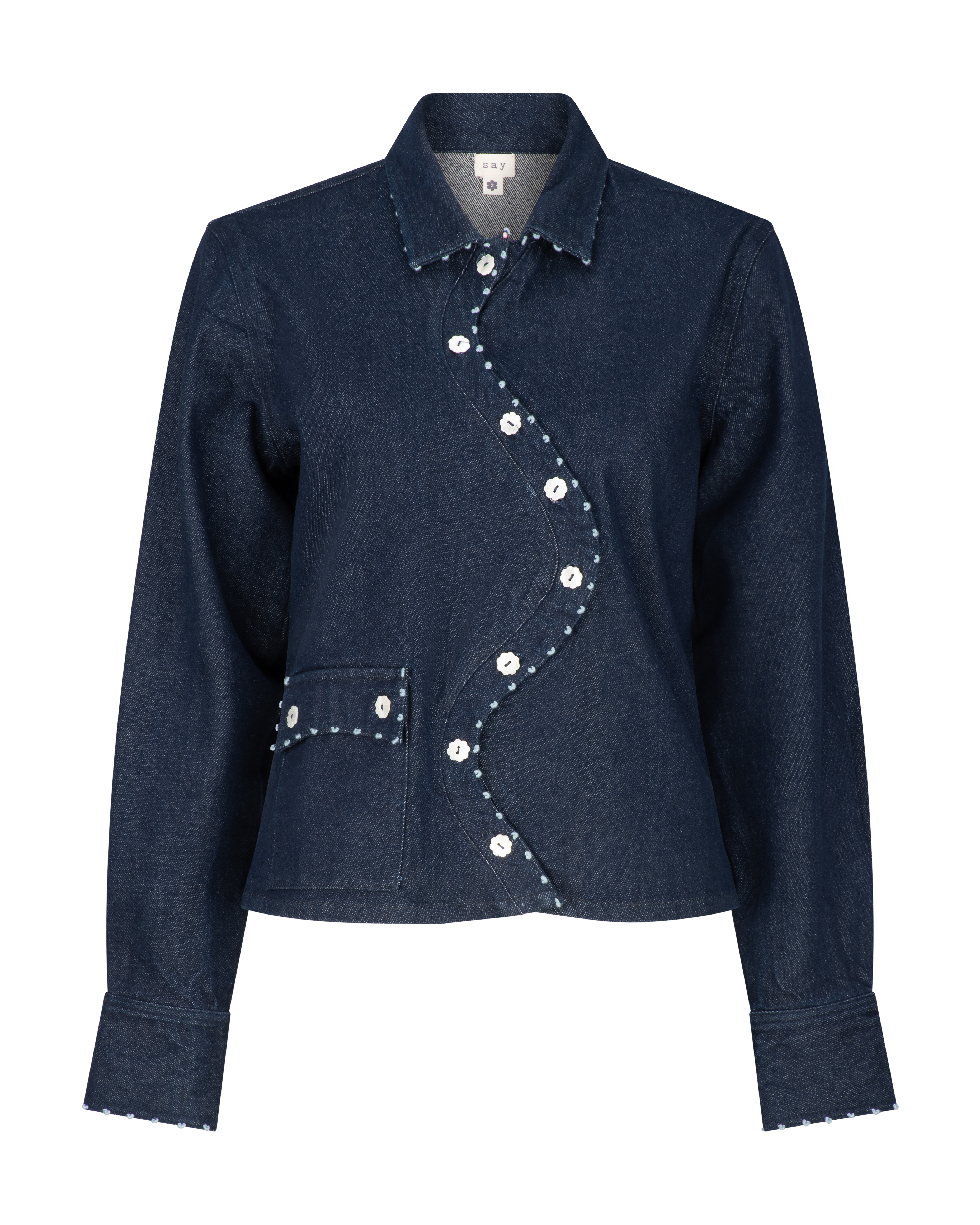 Say the Label Wave Denim Jacket with signature wavy placket and mother-of-pearl buttons, front view