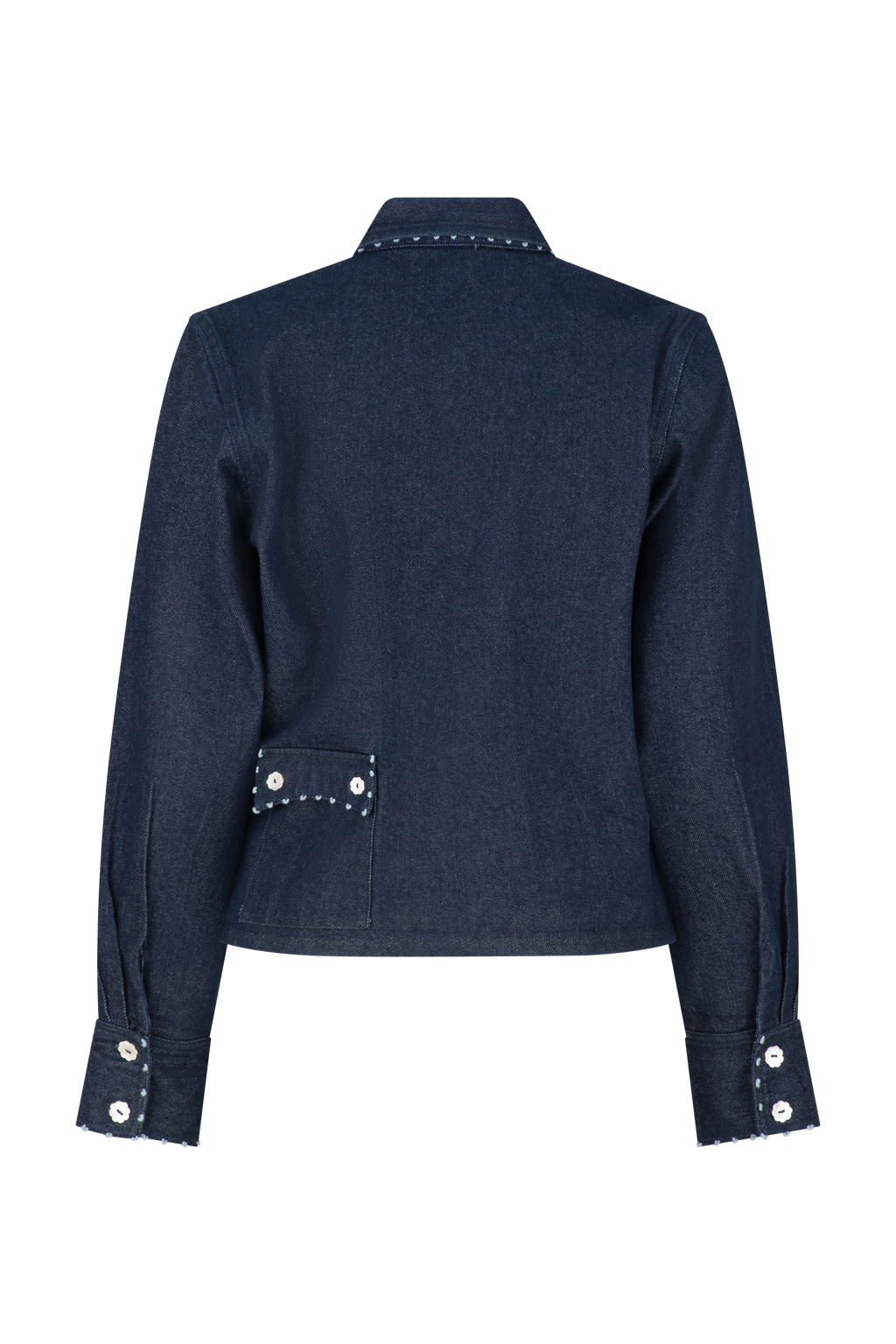 Say the Label Wave Denim Jacket, back view showing the cropped silhouette and cuff detail