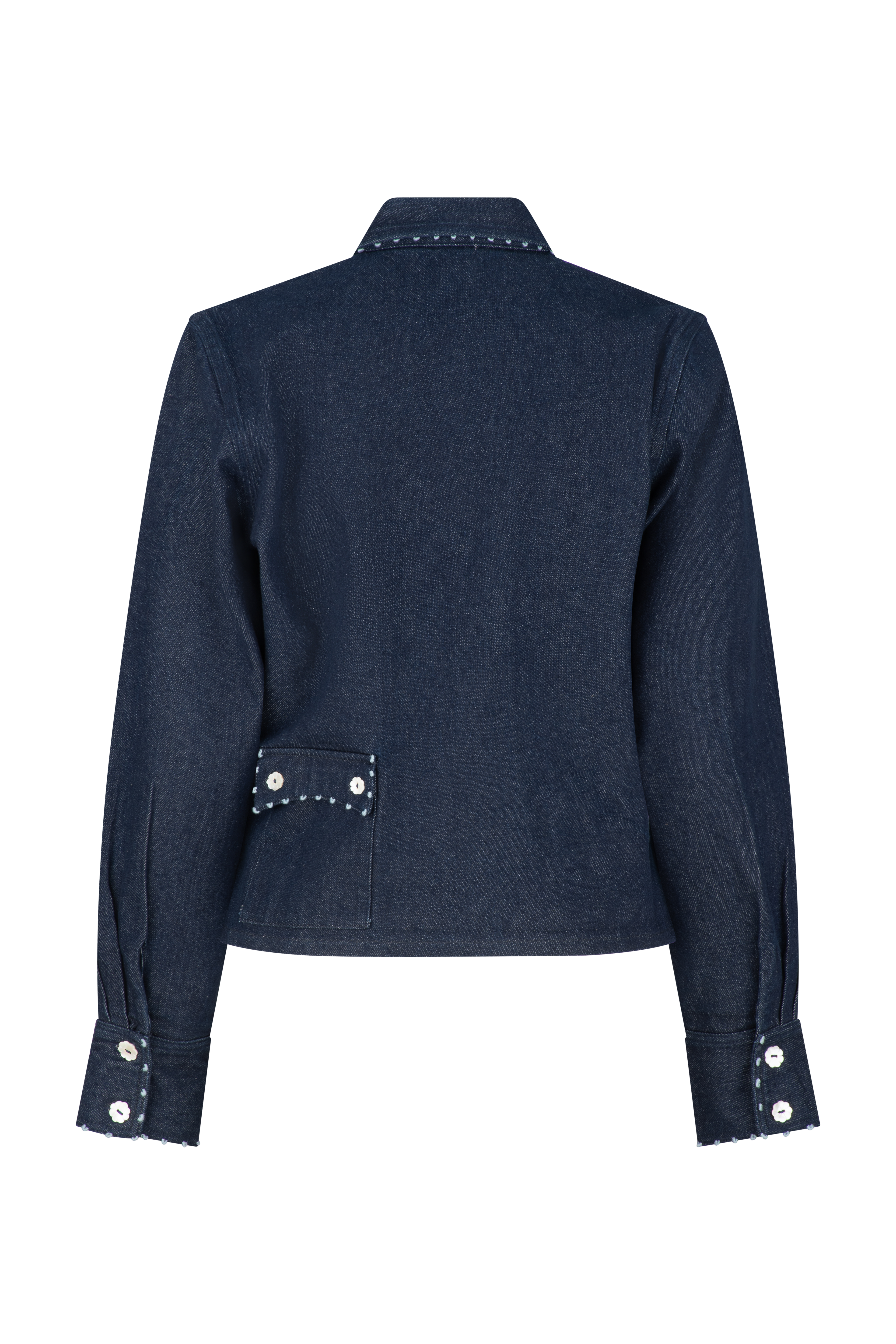 Say the Label Wave Denim Jacket, back view showing the cropped silhouette and cuff detail